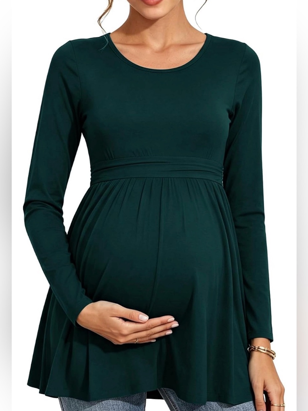 Dark Green Long Sleeve Empire Waist Flowy Maternity Tunic Top Medium